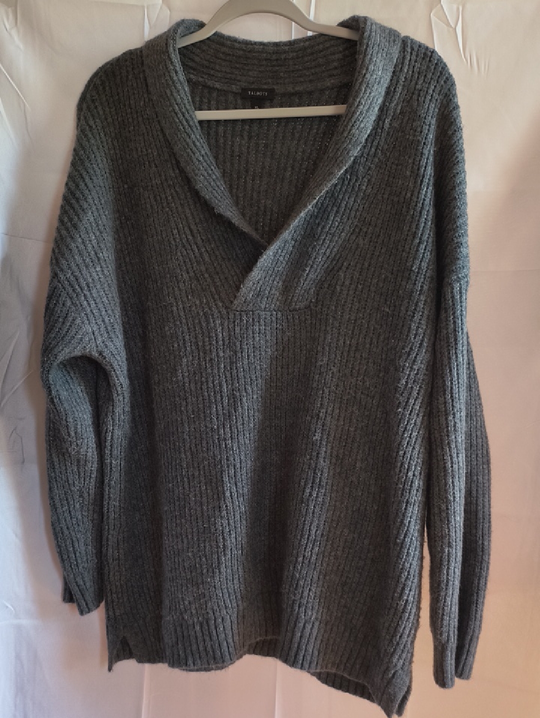 Talbots Charcoal Ribbed V-Neck Shawl Collar Sweater